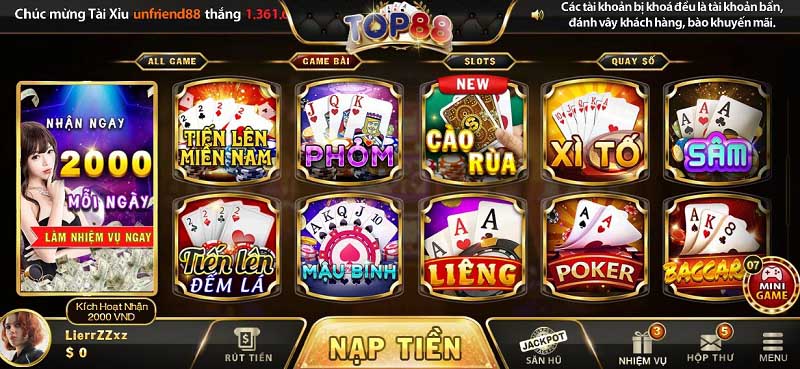 Sảnh chơi Top88 đa dạng